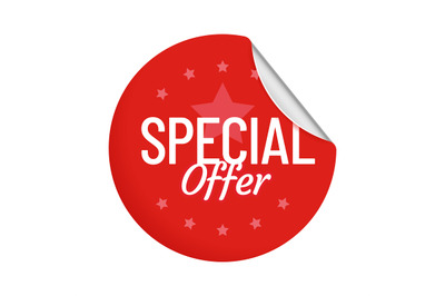 Special offer round adhesive badge with curved corner. Red circle stic