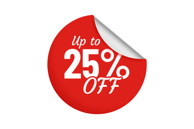 Discount for product up to 25 percent red sticker with bent edge. Sale