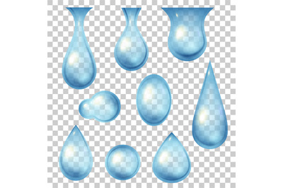 Water drops and bubbles. 3d realistic fresh blue droplet icons. Tear,