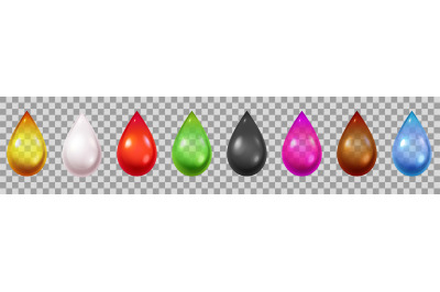 Realistic liquid drops. 3d droplets of water, blood, green and black t