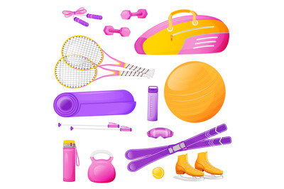 Female aerobics gear flat color vector objects set