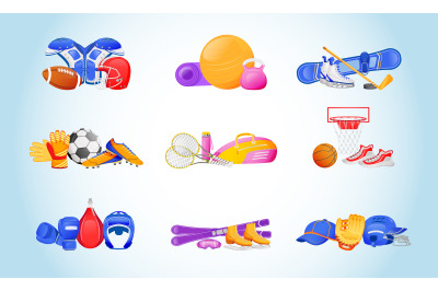 Sports equipment flat color vector objects set