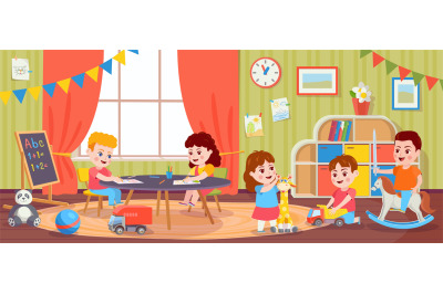 Children playing in room. Kids activity in kindergarten. Cartoon presc