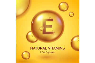 Capsule with vitamin E. Realistic gold pill. Cosmetic skin care produc