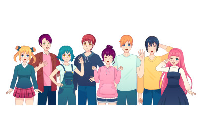 Group of anime characters. Young manga girls and boys friends in japan