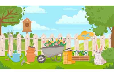Garden landscape with tools. Cartoon spring poster with yard and fence