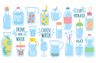 Cartoon water bottles. Detox drinks with lemon and cucumber. Sports an