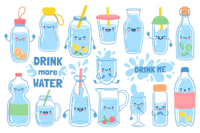 Drink more water. Bottles, glass and jug with funny cartoon faces. Det
