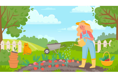 .Woman watering garden. Female gardener works, farming, grows vegetabl