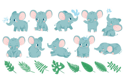 Baby elephants. Cute cartoon animal and tropical leaves. Baby shower e