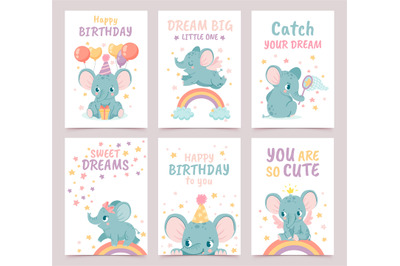 Nursery elephant posters. Animal decoration for baby shower and cartoo