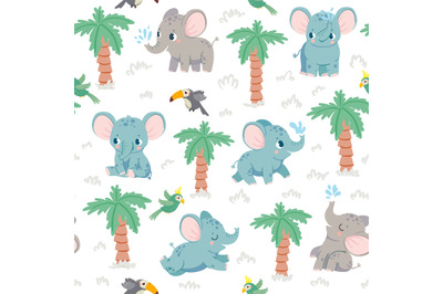 Baby elephants seamless pattern. Cartoon elephants in jungle with palm