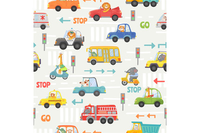 Animals in transport seamless pattern. Kid cartoon cars&2C; bus&2C; police a