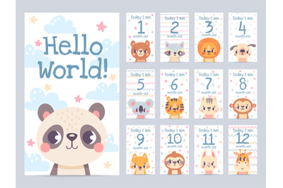 Baby month cards with animals. Monthly milestone stickers for newborn