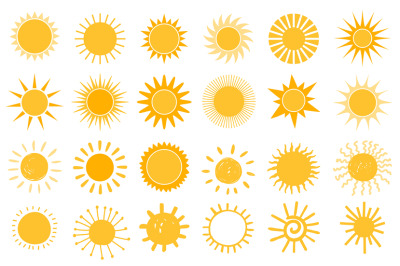 Cartoon sun icon. Flat and hand drawn summer symbols. Sunshine shape l