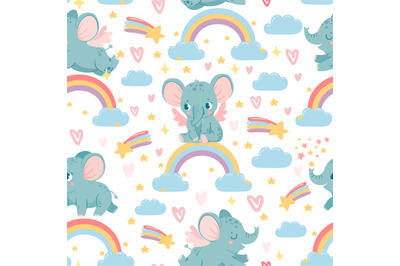 Elephants on rainbow seamless pattern. Magic animal print for kid nurs