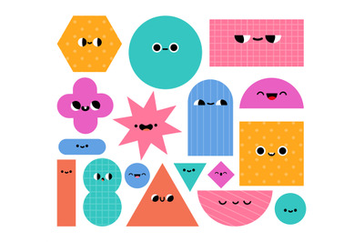 Geometric shapes characters. Basic abstract geometry figures with cart