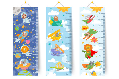 Kids height chart. Cartoon wall ruler for children with animals astron