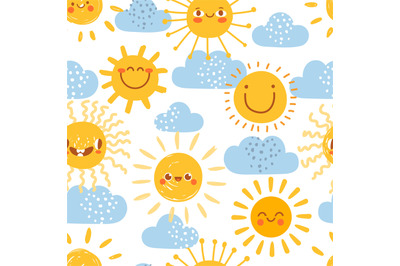 Cartoon sun seamless pattern. Print for nursery with summer sunny day