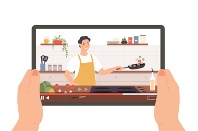 Cooking video. Hands holding tablet with culinary broadcast, show or o