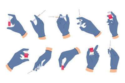 Doctor hands with vaccine. Nurse hand in medical gloves hold syringe a