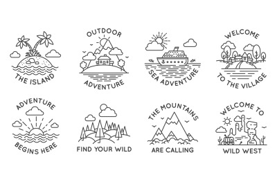 Adventure line badges. Outdoor travel logos and emblems with mountain,