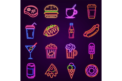 Neon fast food. Glowing icon for cafe and bar street sign with burger,