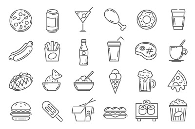 Fast food line icons. Cafeteria snack, sandwich, drink, pizza, hamburg