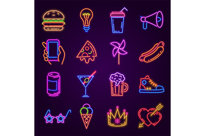 Neon icons. Glowing light for disco party. Night club or bar signs. Bu