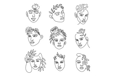 Female face line with flowers. Continuous lines art with woman minimal