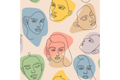 Female face seamless pattern. Modern continuous one line minimalist wo