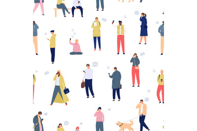 Crowd with phones seamless pattern. Walking people using smartphones a