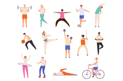 Sport people. Men and women exercise, workout, doing yoga and fitness,