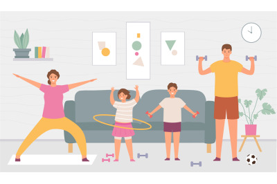 Sport family at home. Parents and kids do exercise in house interior.