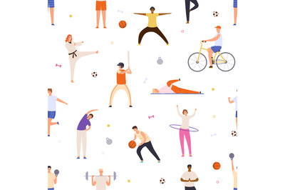 People exercise seamless pattern. Active man and woman do yoga, sport,