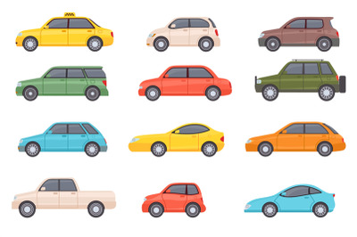 Flat cars. Cartoon vehicle side view. Taxi&2C; minivan&2C; mini car&2C; suv and