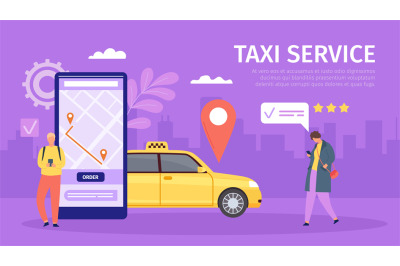 Taxi online service. Young man and woman order cab by smartphone. Big