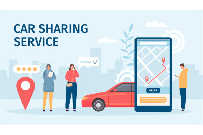 Car sharing service. Big smartphone screen with mobile app and people