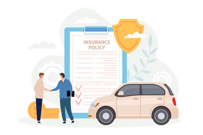 Car insurance policy. Man handshake with agent. Contract for safe and