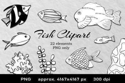Fish Clipart Black and White PNG Illustrations. Under the Sea Clipart.