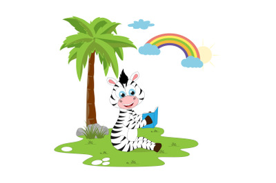 cute zebra cartoon reading a book