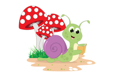 cute snail cartoon reading a book