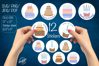 Birthday stickers. Round stickers. Sticker Pack. Sticker svg