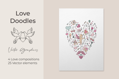 Valentines Day set of vector elements in doodle style