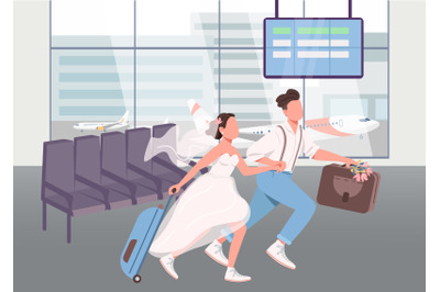 Newlyweds in airport terminal flat color vector illustration