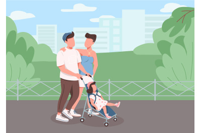 Young family walking flat color vector illustration