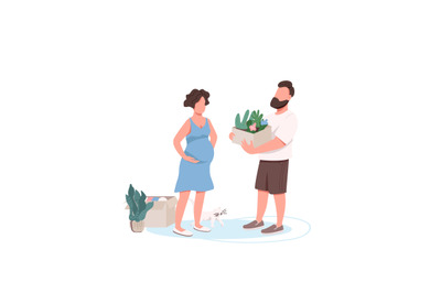 Young family unpacking boxes flat color vector faceless characters