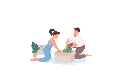 Young family packing boxes flat color vector faceless characters