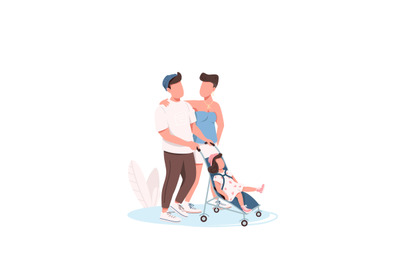 Young family walking flat color vector faceless characters