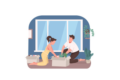 Young couple planting flowers 2D vector web banner&2C; poster